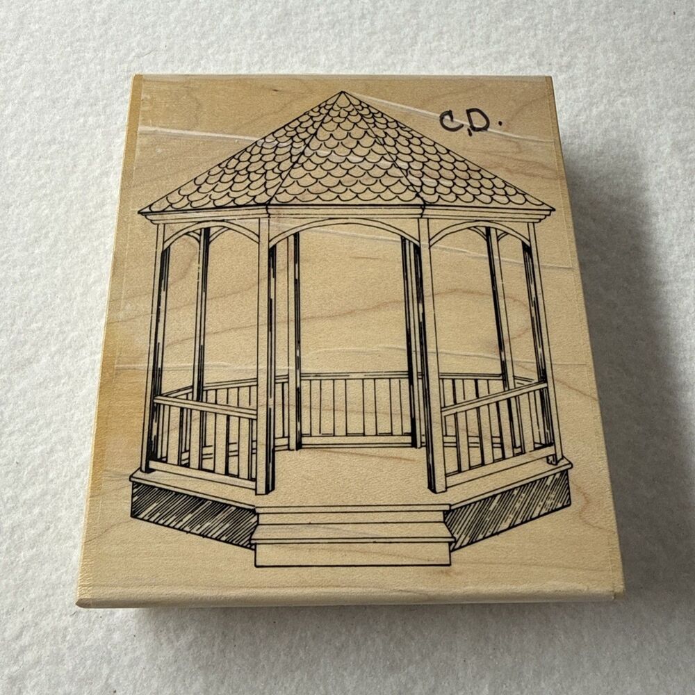 Stampington & Company P2015 Large Gazebo Rubber Stamp Vintage 1994 Wood Mount